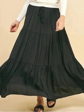 Joie Black Satin Tiered Midi Skirt Size M Drawstring Flowy Layered NWT